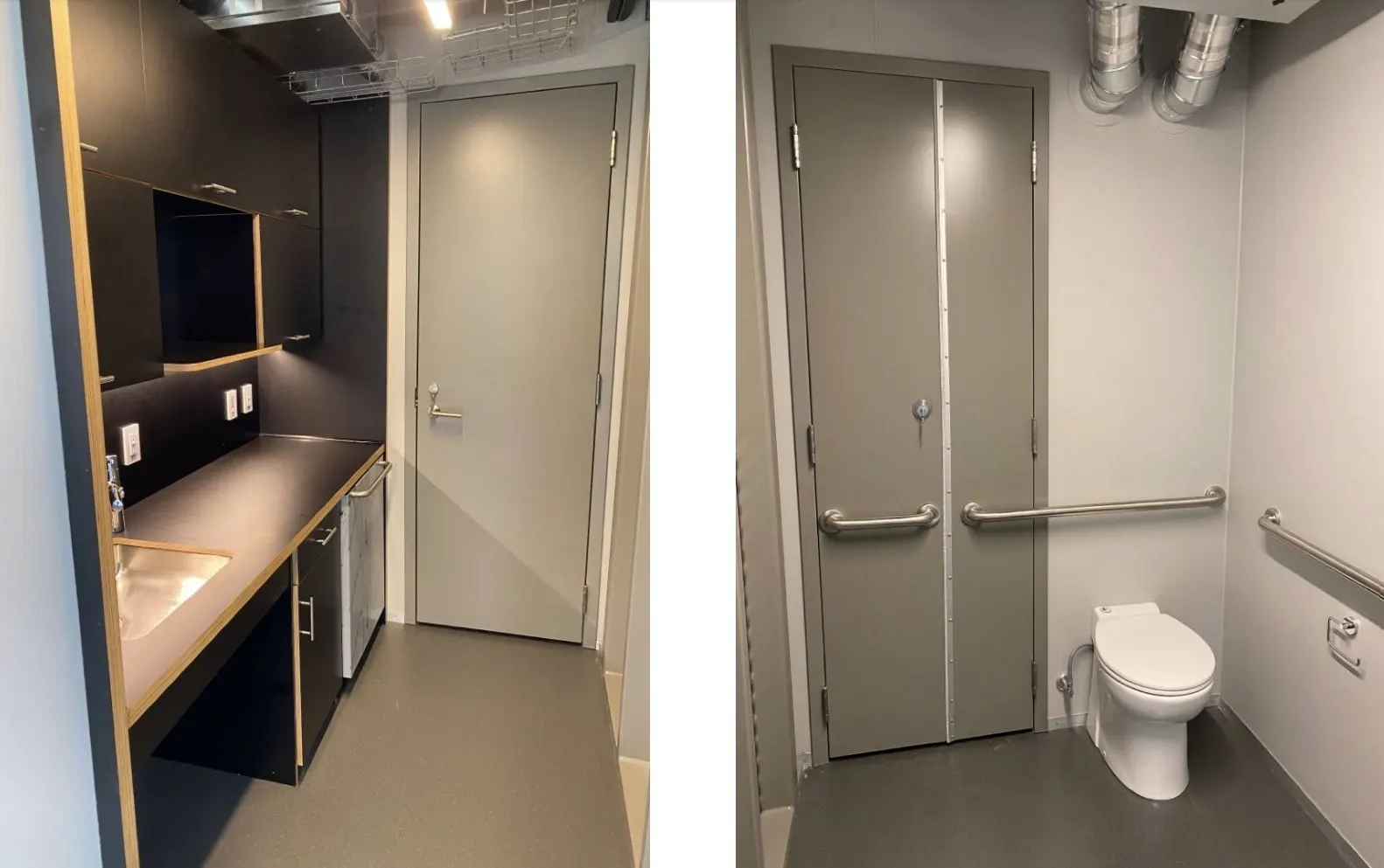Kitchenette and restroom inside a pod