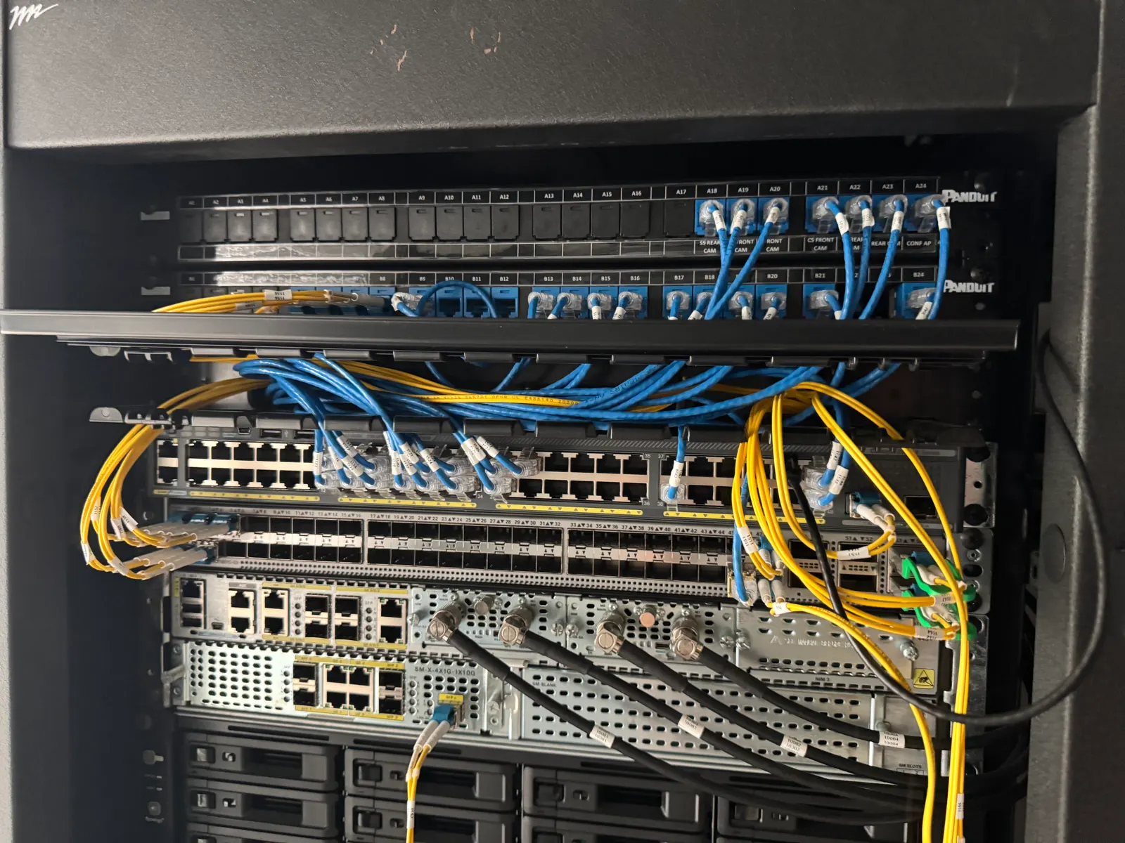 Server rack with patch panels and cabling