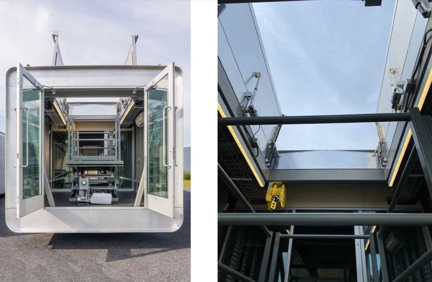Hydraulic drone lift and open roof hatch